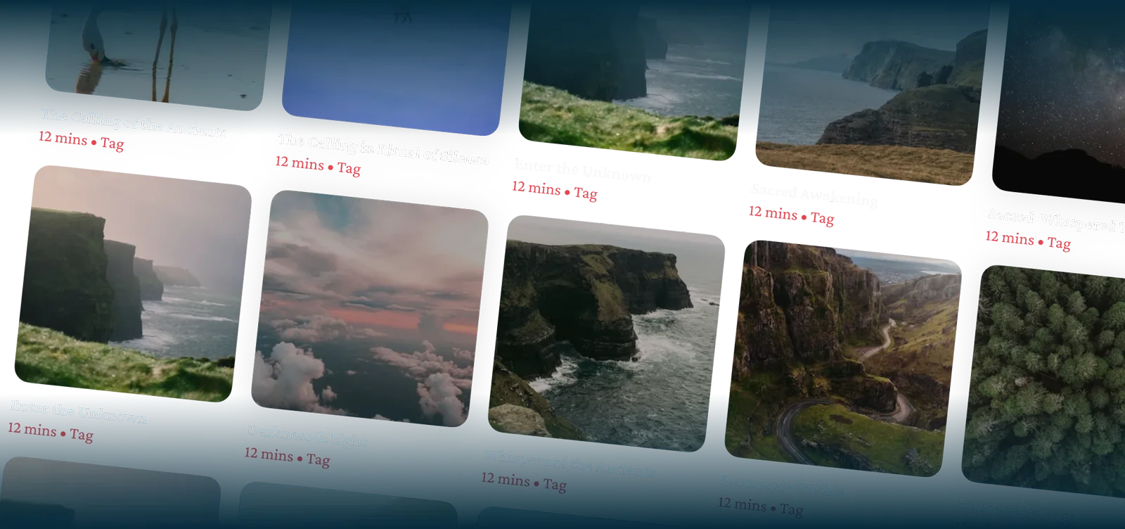 A collage of Scottish coastal cliffs, green hills, ocean views and starry night skies.