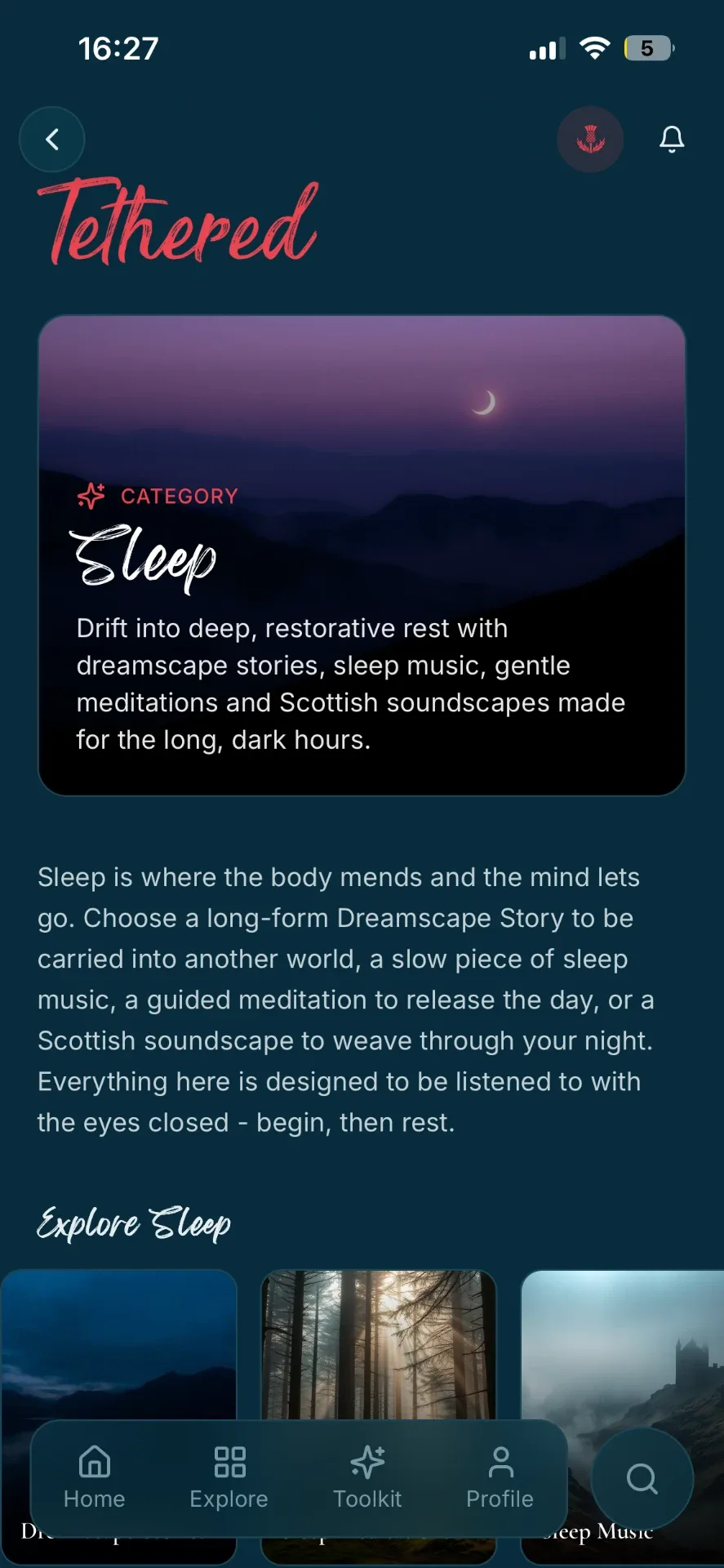 The Tethered app Sleep category with dreamscape stories, sleep music and Scottish soundscapes.
