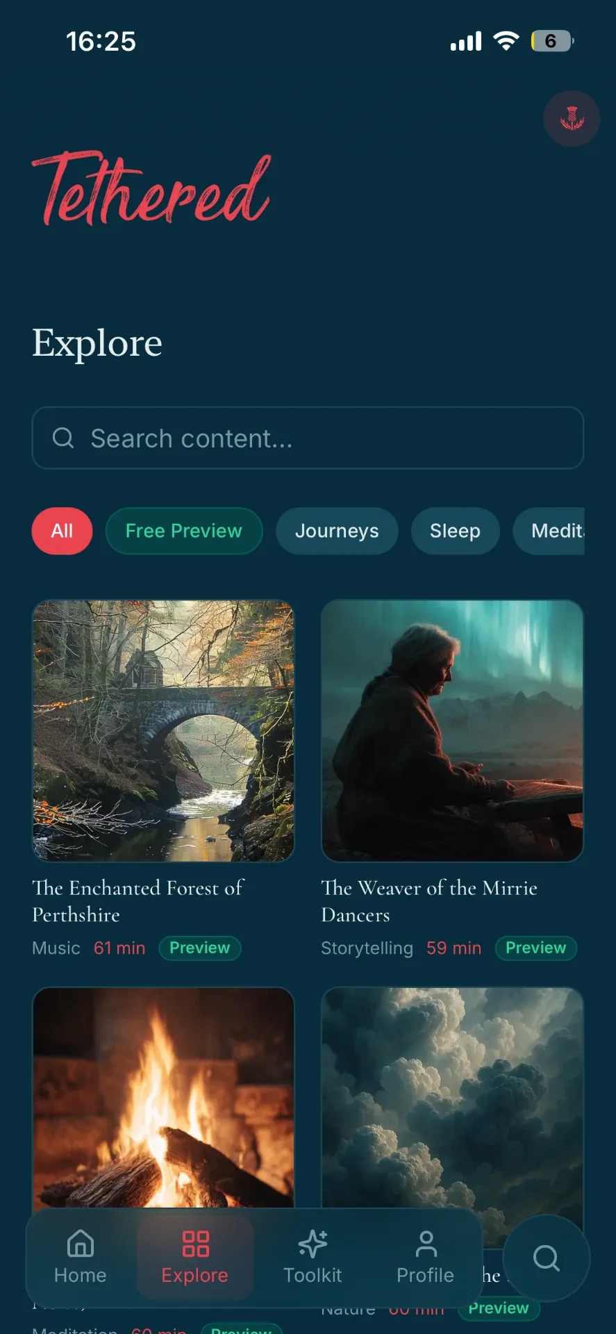 The Tethered app Explore screen with search, filters and previewable sleep, music and storytelling sessions.