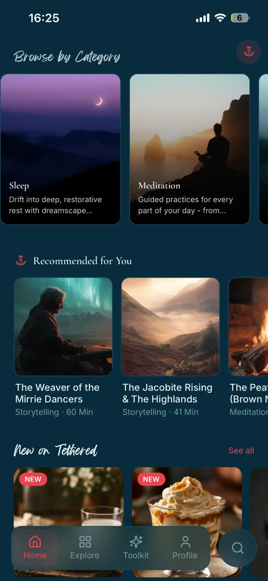 The Tethered app home screen showing browse by category and recommended Scottish sleep stories.