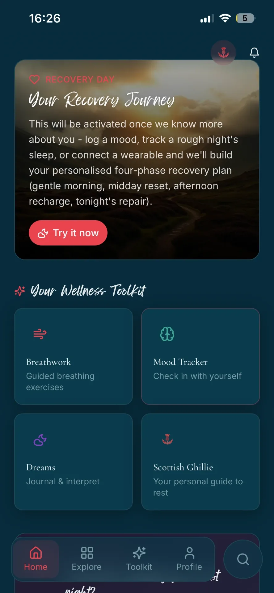 The Tethered app wellness toolkit with breathwork, mood tracker, dream journal and recovery journey.