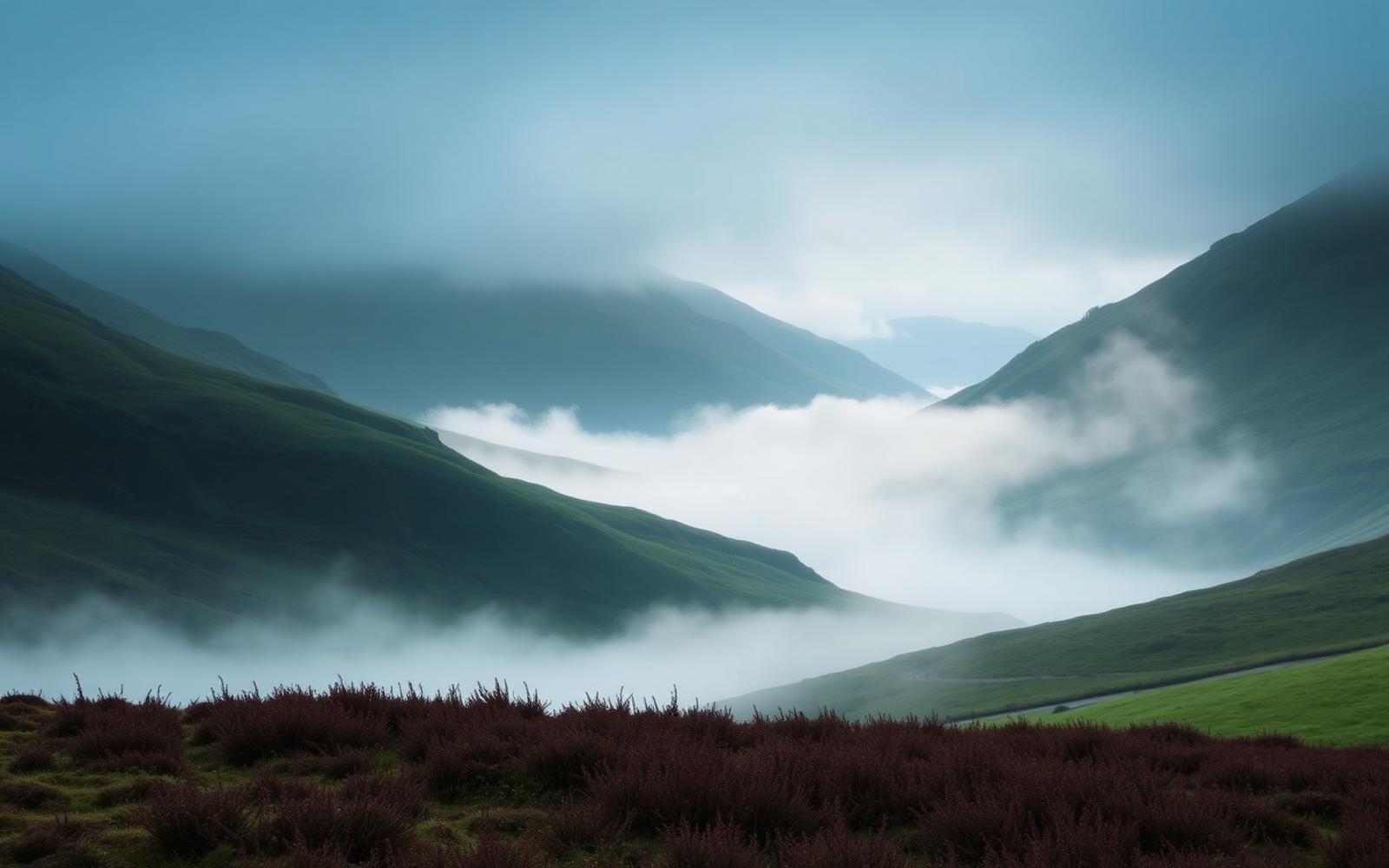 A misty Scottish glen at dawn with soft light over green hills and heather.