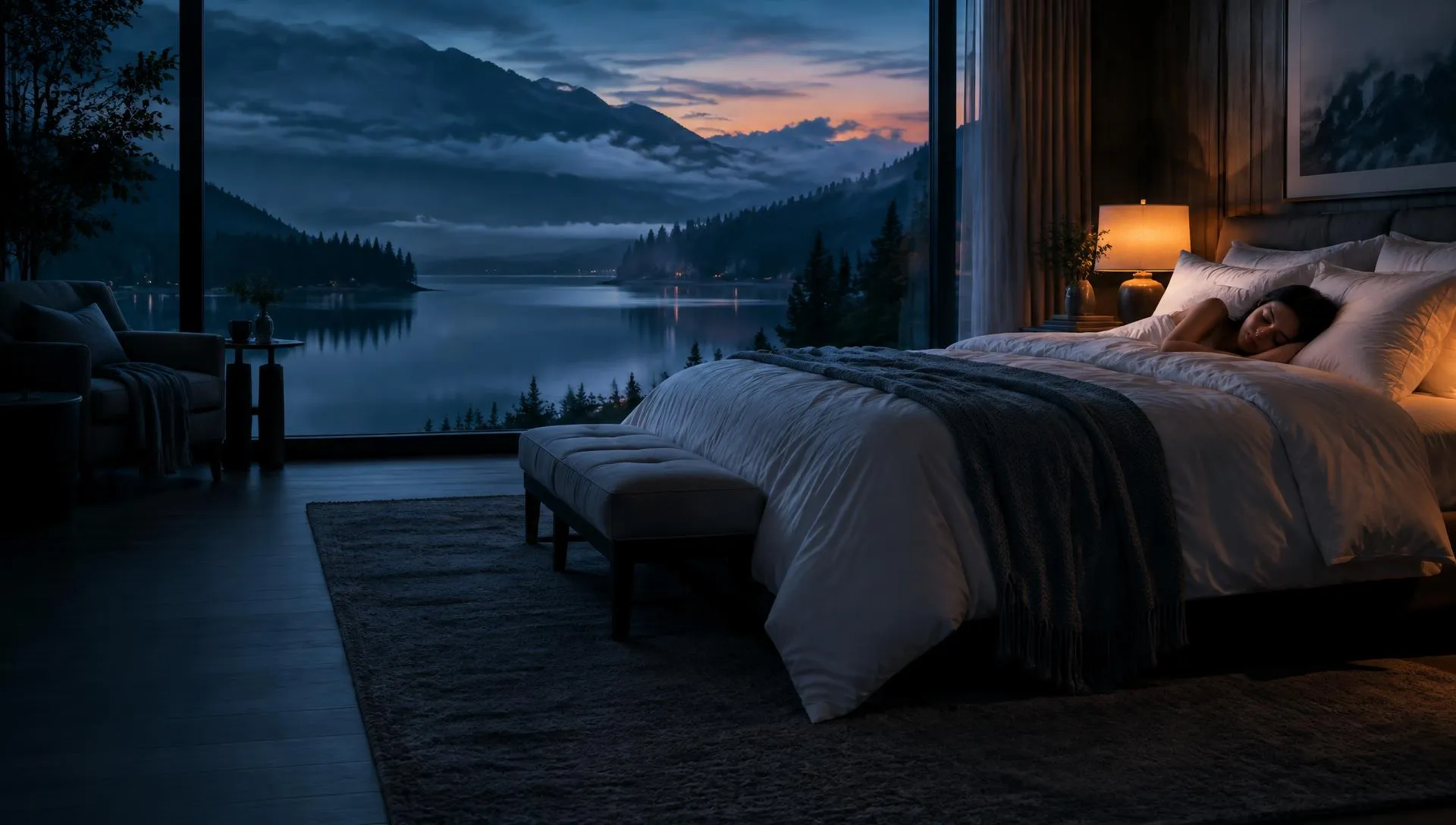 A person sleeping peacefully in a calm bedroom overlooking a misty lake and mountains at dusk.